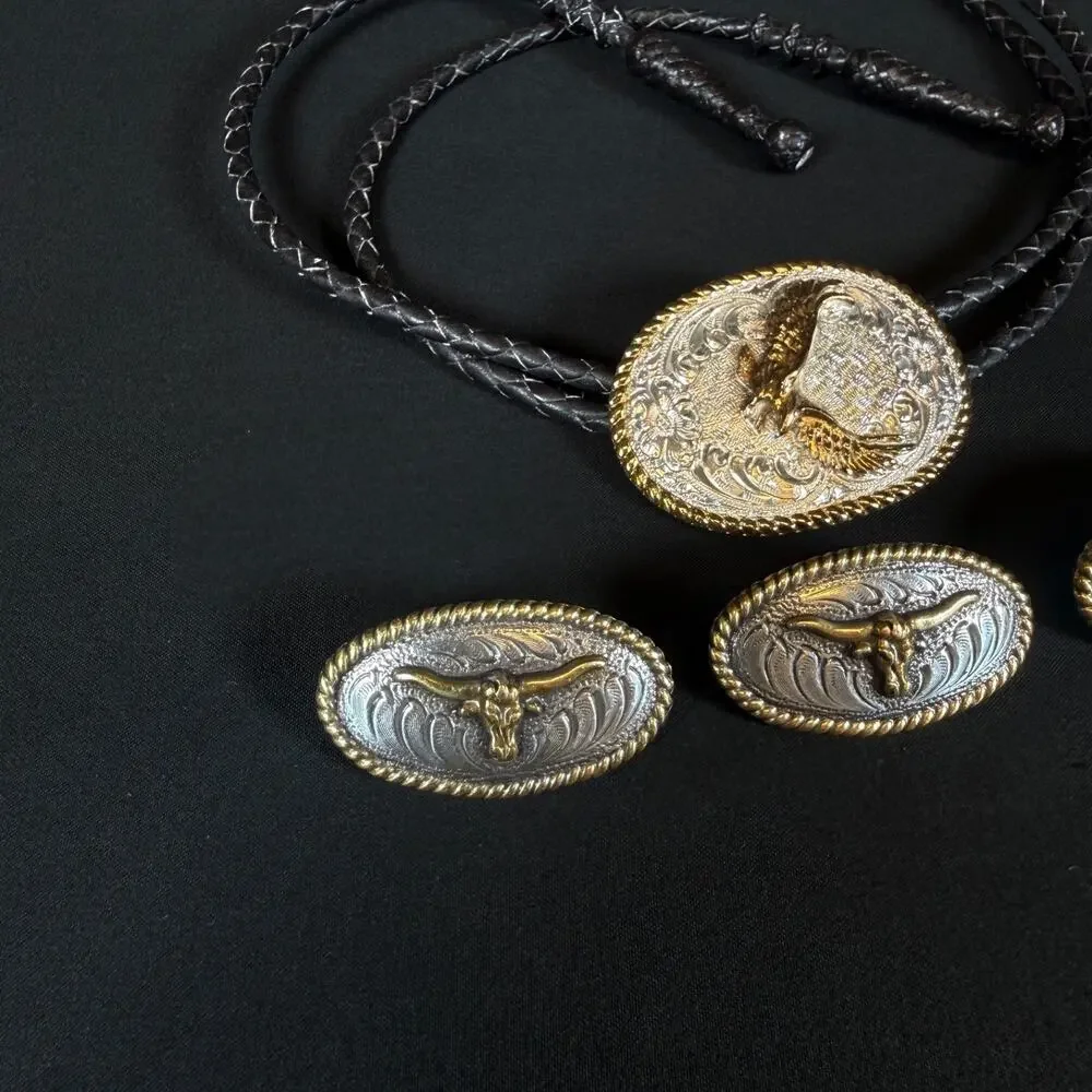 Crumrine Inc Eagle Bolo Tie Longhorn Concho Set Silver Gold Tone Western